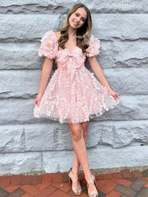 Gorgeous Pink Lace Appliques Sweetheart Bow Tie Short Mini Dress Homecoming Dress